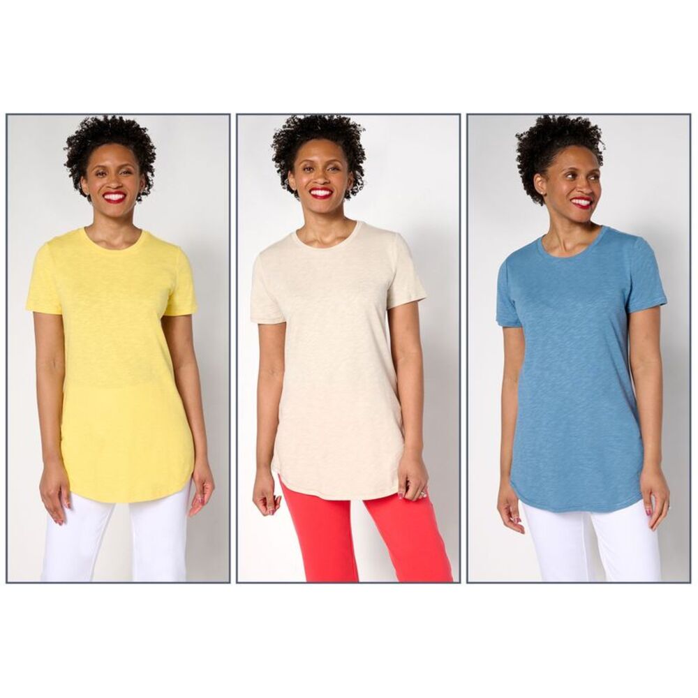 Denim & Co. Women's Top Petite PXL Essentials Linen Blend Multi-colored